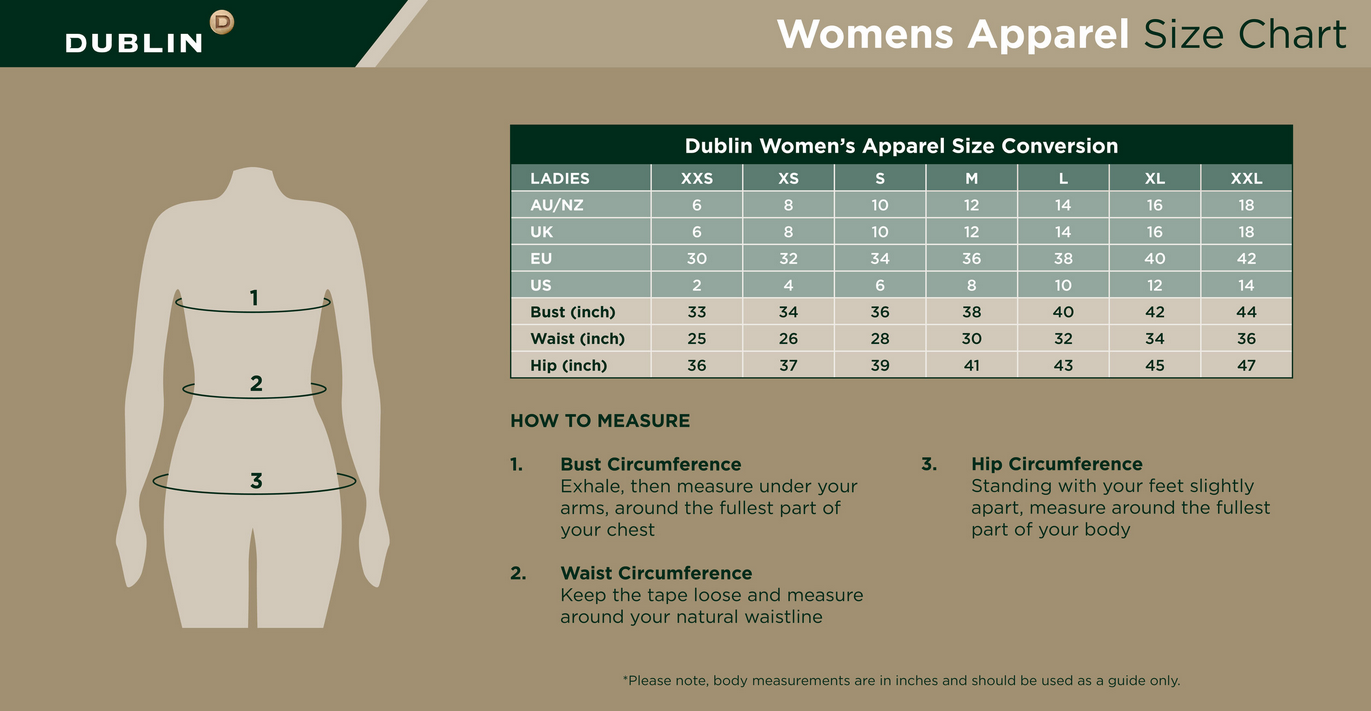 2025 DUBLIN WOMENS APPAREL  Size Chart